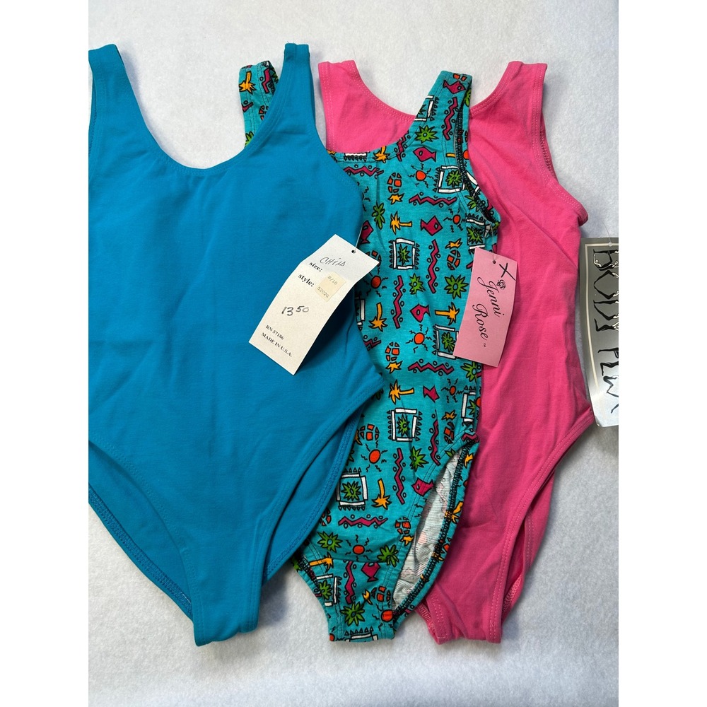 Vintage 90s Kids Leotards Lot 3 Pack Pink Blue Print Size 8/10 Made USA